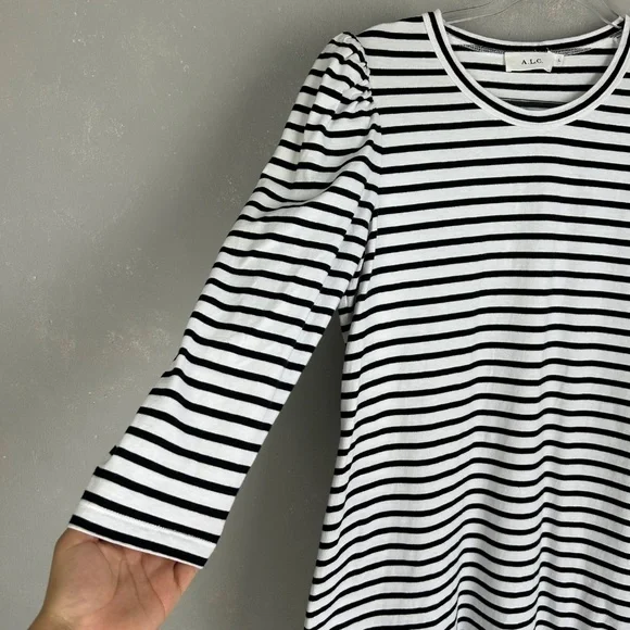A.L.C size L Kidman mini shirt dress black white stripe 3/4 puff sleeve cotton - Picture 5 of 12